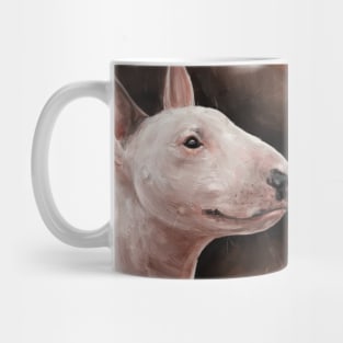 A Painting of a Bull Terrier Smiling on Hot Dark Orange Background Mug